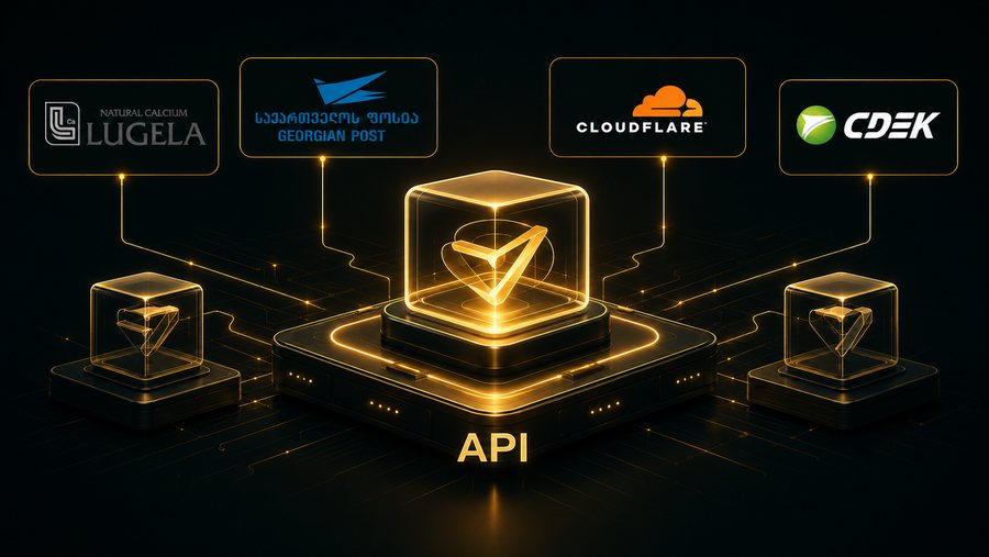 Схема интеграций VIT Logistics: центральный API соединён с Lugela, Georgian Post, Cloudflare и CDEK