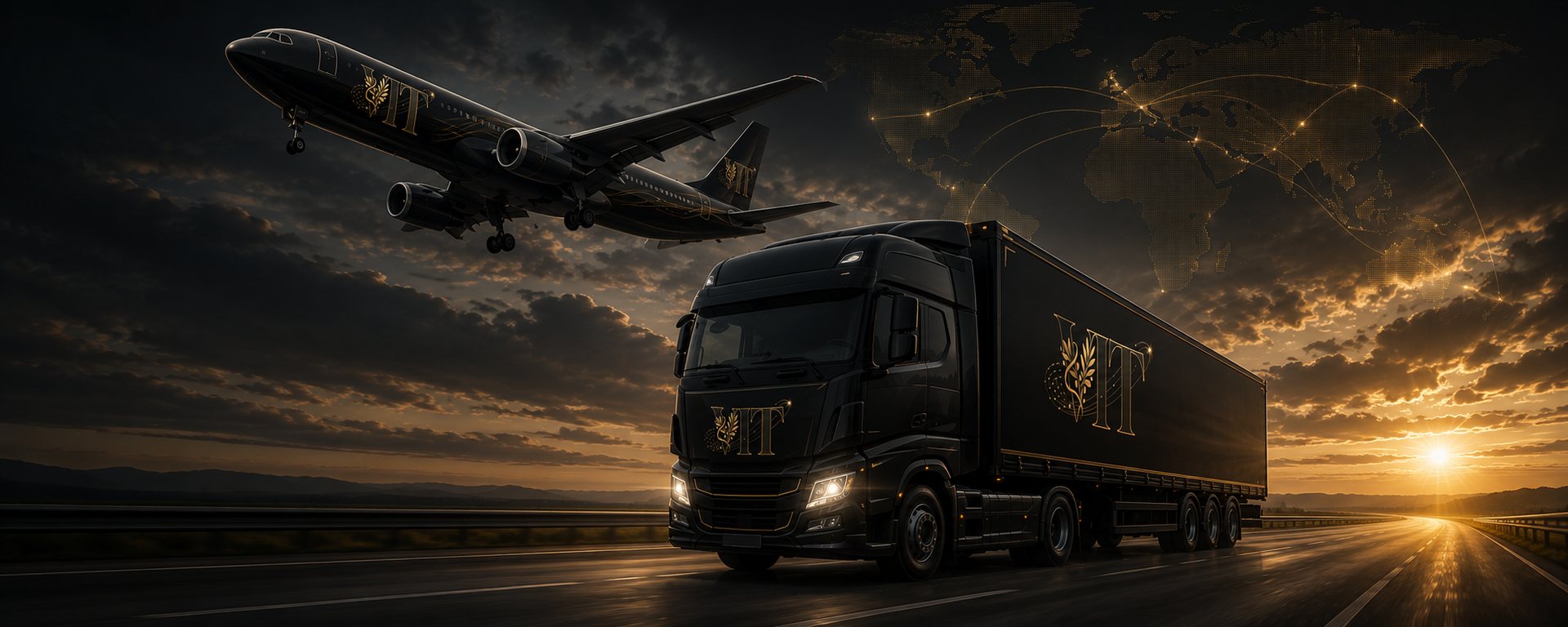 Фура и самолёт VIT Logistics на трассе под Тбилиси на закате, в небе — карта мира с маршрутами